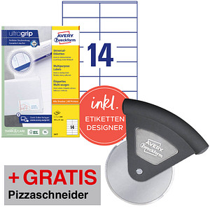 Image of AKTION: 1.400 AVERY Zweckform Etiketten weiß 105,0 x 41,0 mm + GRATIS Pizzaschneider Luigi