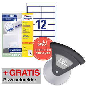 Image of AKTION: 1.200 AVERY Zweckform Etiketten weiß 97,0 x 42,3 mm + GRATIS Pizzaschneider Luigi