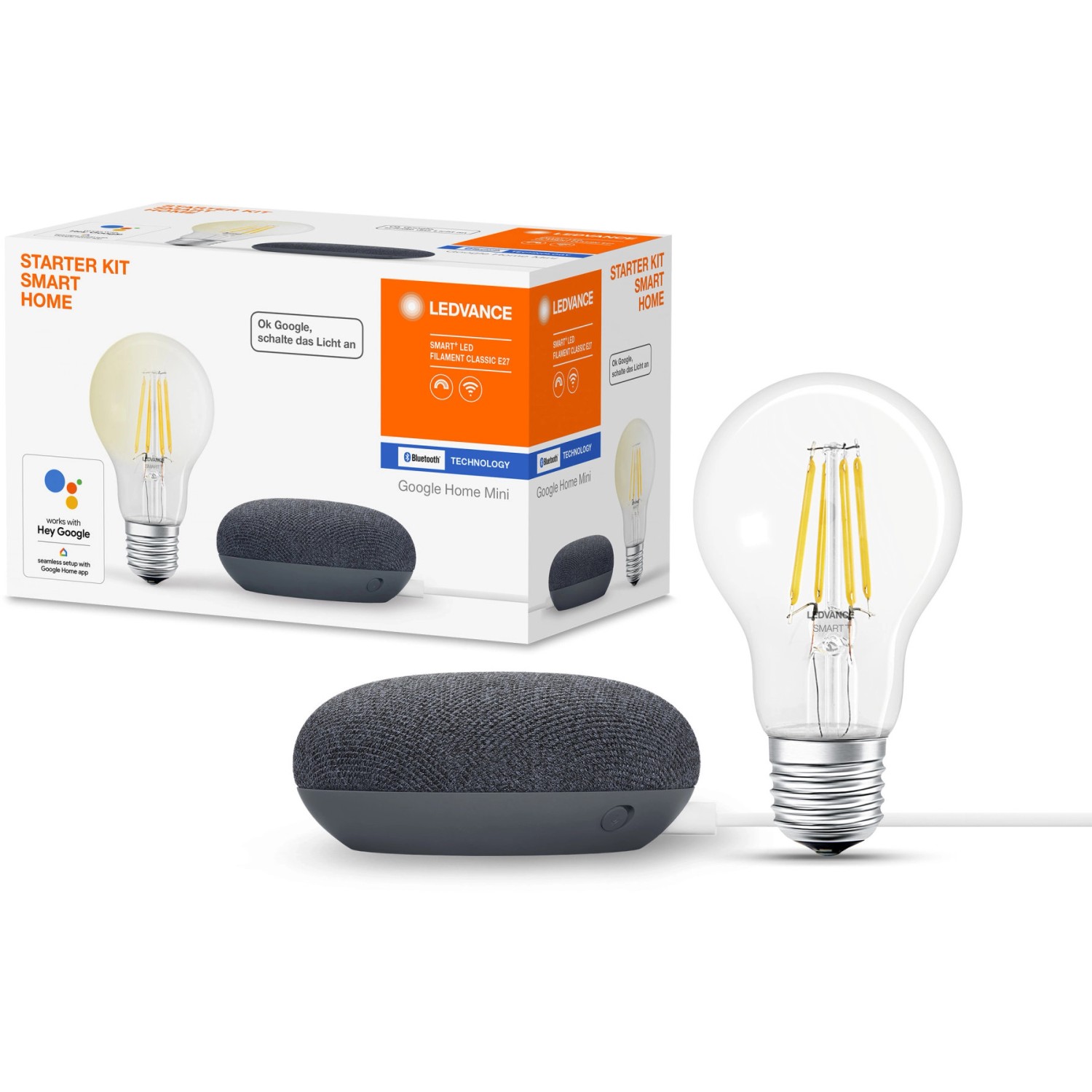 Image of Ledvance Google Home Mini Starter-Set Speaker Schwarz + Filament Leuchtmittel
