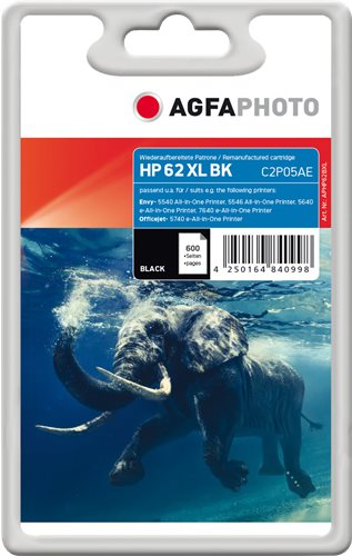 Image of AgfaPhoto - Schwarz - kompatibel - wiederaufbereitet - Tintenpatrone (Alternative zu: HP C2P05AE, HP 62XL) - für HP Envy 55XX, 56XX, 76XX, Officejet 200, 250, 252, 57XX, 8040
