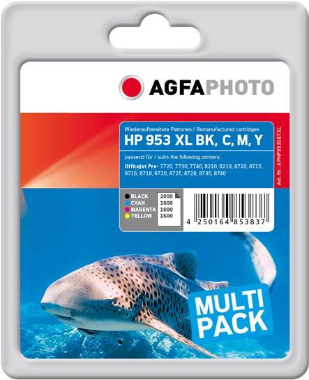 Image of AgfaPhoto - 4er-Pack - Farbe (Cyan, Magenta, Gelb, Schwarz) - kompatibel - wiederaufbereitet - Tintenpatrone (Alternative zu: HP 953XL, HP F6U18AE, HP F6U16AE, HP F6U17AE, HP L0S70AE) - für HP Officejet Pro 77XX, 82XX, 87XX