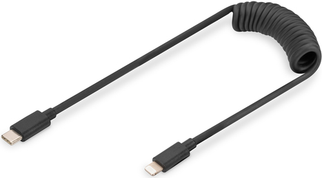 Image of DIGITUS - Lightning-Kabel - 24 pin USB-C männlich zu Lightning männlich - 1,0m - Schwarz - unterstützt Stromversorgung, Spirale, bis zu 480 Mbps - für Apple 10.2 iPad, AirPods Max, AirPods Pro, iPhone 11, 12, 13, 14, SE (AK-600434-006-S)